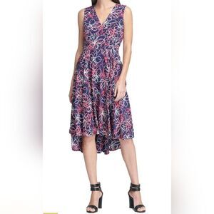 DKNY Dress Size 2 NWOT Navy with Pink and Cream Flowers High-Low hem w/ Pockets